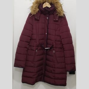 Tommy Hilfiger belted, burgundy jacket. Knee length with fur on hood.